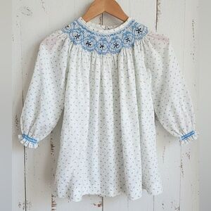Vintage Smocked White Dress with Blue Embroidery